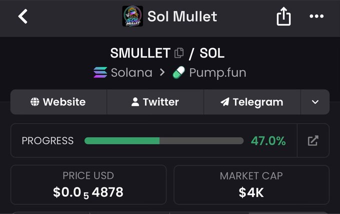 A crypto tracking app displays the "Sol Mullet" token ($SMULLET/SOL) on the Solana network via Pump.fun, showing 47.0% progress on its bonding curve, a price of $0.054878, and a market cap of $4K. The image supports the post's claim of an emerging token with an active community, evidenced by the nearly half-complete bonding curve progression.
