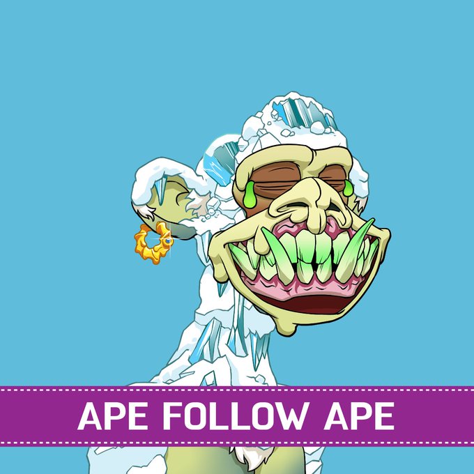 A cartoon illustration of a snow-covered ape character with a wide, toothy grin and green earrings, with a purple banner at the bottom reading "APE FOLLOW APE".