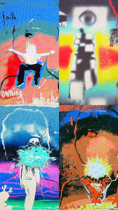 A four-panel glitch art collage in vivid colors featuring distorted figures, an astronaut, and text reading 'fail,' 'growing,' and 'brok' in abstract styles.