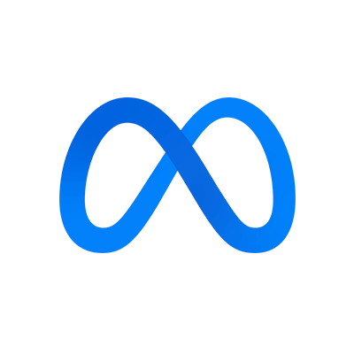 The image displays the Meta logo, a blue infinity-style symbol resembling a stylized "M." It serves as the company branding for Meta, which is referenced in the accompanying post about Facebook's new full-screen video feed, the Seller Marketplace app, and the tokenized $META on Solana.