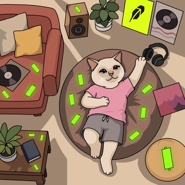 A cheerful cat wearing a pink shirt and gray shorts lounges on a beanbag chair surrounded by scattered cash bills, vinyl records, a speaker, and headphones in a cozy living room setting. The image directly illustrates the "stacking bags and letting the green candles do the talking" caption, visually depicting a contented Cashcat enjoying crypto profits in a relaxed home environment.
