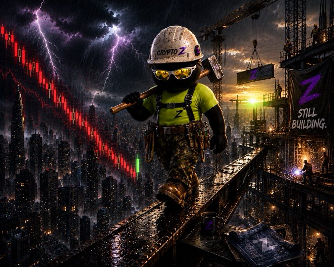 A digital artwork of an anthropomorphic dog character dressed as a construction worker wearing a hard hat labeled 'CRYPTO Z' and holding a hammer, set against a dramatic cityscape with lightning and red stock chart lines, featuring a 'Z STILL BUILDING' banner.