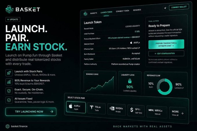The image is a promotional banner for Basket, highlighting its "Launch. Pair. Earn Stock." feature for distributing tokenized stocks with trades, showing a dashboard interface with sections for Launch Token, Bonding Curve, Liquidity Lock (90%), and Revenue Flow (10% Burn / 90% Locked LP), along with selectable stock pairs including AAPLx (Apple), TSLx (Tesla), NVDAx (Nvidia), and SPYx (S&P 500). The post complements the visual by emphasizing Basket's integration capabilities with Pump.fun, Raydium, and any Solana contract for reward and LP setups in modes like Holder Rewards, Stock/Meme-backed LP, and Hybrid Mode.