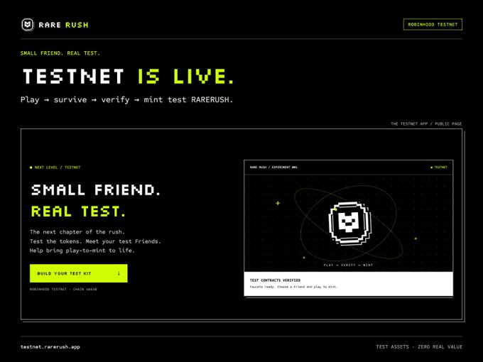 A webpage for 'RARERUSH' announcing 'TESTNET IS LIVE' with instructions to 'Play → survive → verify → mint test RARERUSH', featuring a black and neon green design and a 'BUILD YOUR TEST KIT' button.