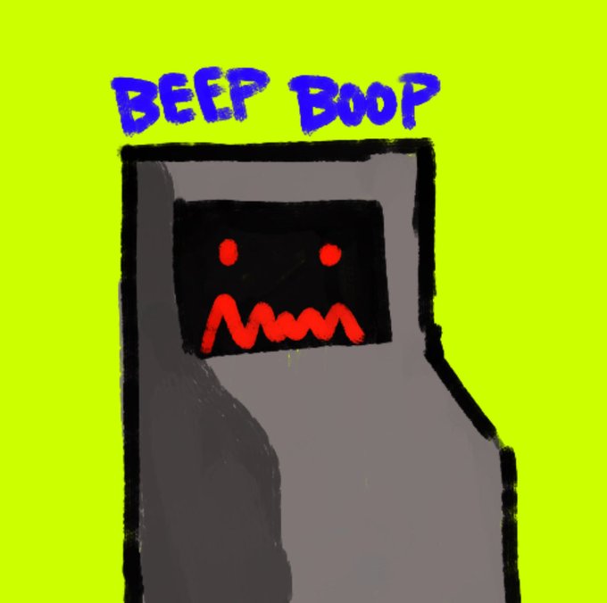 A simple digital drawing on a bright green background of a gray robot-like figure with red eyes and mouth, with the text 'BEEP BOOP' written in blue.