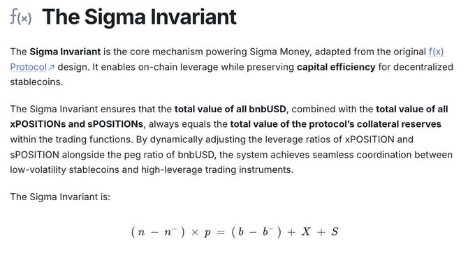 A documentation page titled "f(x) The Sigma Invariant" explaining the core mechanism of Sigma Money, including the formula (n - n⁻) × p = (b - b⁻) + X + S for maintaining collateral balance between bnbUSD and xPOSITION/sPOSITION tokens.