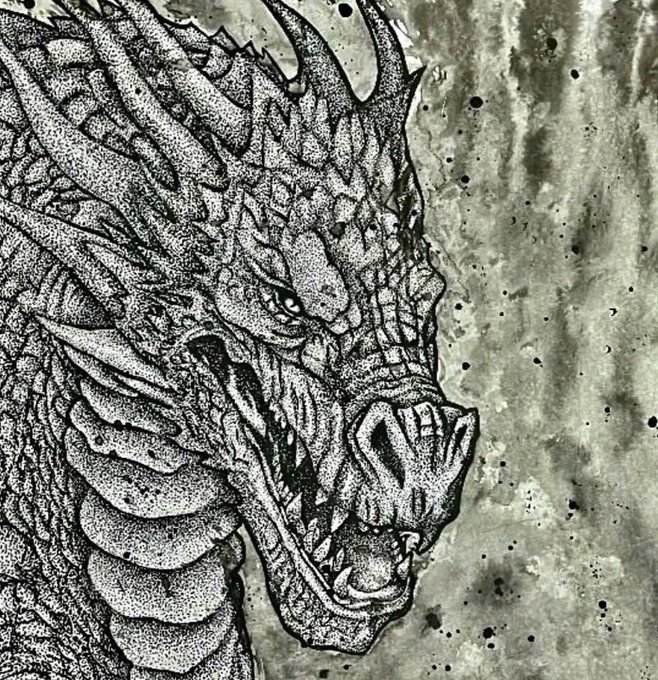 A detailed black-and-white stippled illustration depicts a fierce, snarling dragon's head in profile, its mouth open revealing sharp teeth and spiked ridges running along its jaw. The hand-drawn artwork, titled "Black Dragon," is set against a moody, splatter-textured gray background that complements the creature's menacing appearance, and is presented as a unique handmade NFT on objkt.com.