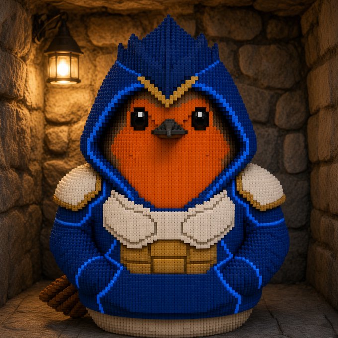 A voxel-style 3D render of a robin character wearing blue and gold armor with a hood, standing in a dim stone room illuminated by a lantern.