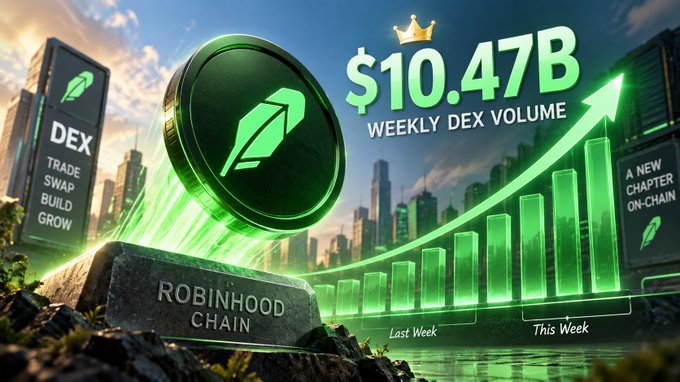 Another promotional graphic for Robinhood Chain showing a Weekly DEX Volume of $10.47B with an upward arrow, a glowing green feather logo, and bar charts comparing 'Last Week' to 'This Week'.