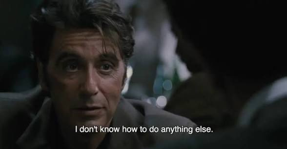 A movie still showing a man speaking with the subtitle "I don't know how to do anything else."
