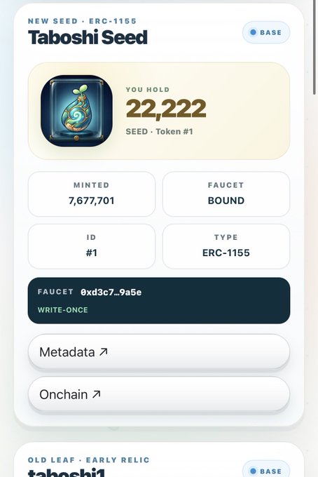 A digital token card for "Taboshi Seed" (ERC-1155) on Base, indicating they hold 22,222 tokens and a total minted supply of 7,677,701.