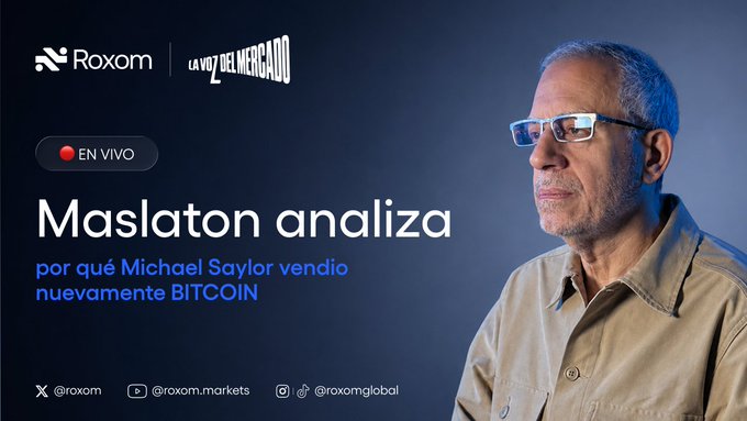 A live stream thumbnail featuring Carlos Maslaton with the headline "Maslaton analiza por qué Michael Saylor vendió nuevamente BITCOIN" (Maslaton analyzes why Michael Saylor sold BITCOIN again), sponsored by Roxom and "La Voz del Mercado," matching the post announcing his analysis of Saylor's recent Bitcoin sale at 11:00AM UTC-3 on YouTube.