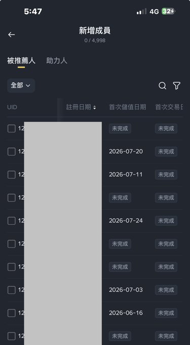 Mobile app screenshot showing a member management interface with tabs for recommended users and assistants, displaying registration dates and status indicators in Chinese.