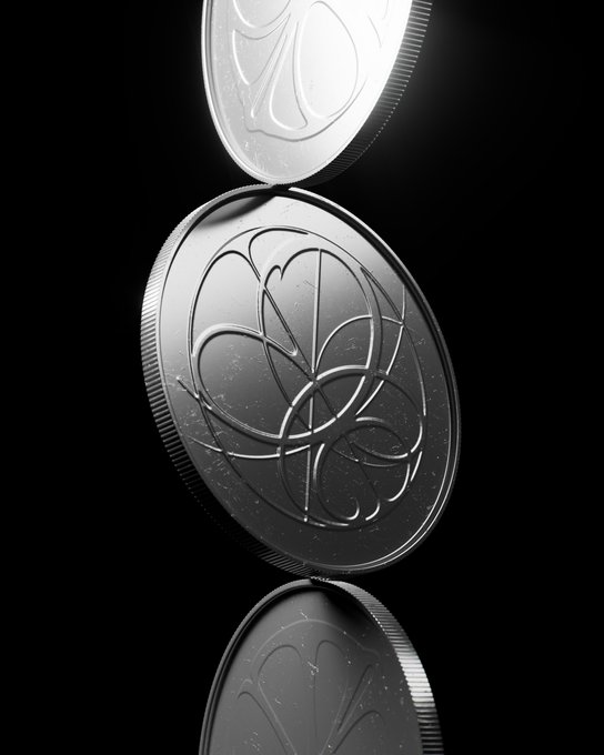 Two shiny silver coins or medallions with intricate geometric and emblem designs are displayed against a dark background.