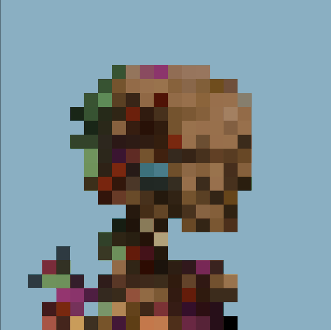 A pixelated side-profile portrait of a figure composed of brown, green, magenta, and orange blocks against a light blue background, representing the "colorful, simple" Argonaut NFT minted by the collector on the ACK platform.