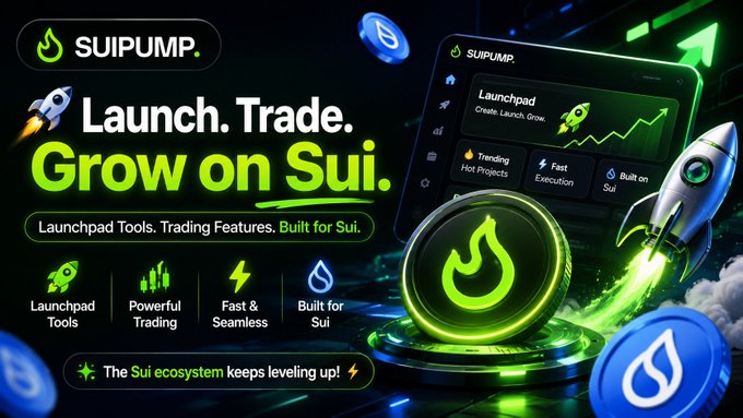 The image features an advertisement for a cryptocurrency called SuiPump, which is associated with launching and trading platforms. The visual display showcases various coins and a rocket in shades of blue and green, symbolizing the launch of tradeable assets onto the Sui Pump platform.
