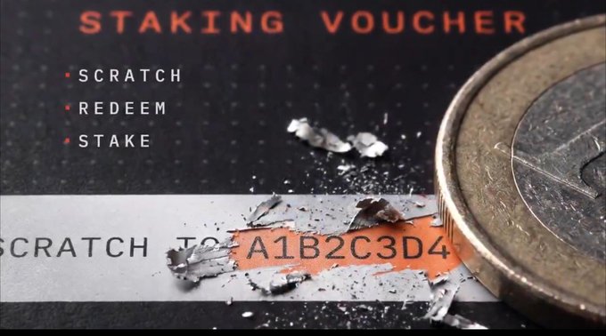 A 'STAKING VOUCHER' card with instructions to 'SCRATCH,' 'REDEEM,' and 'STAKE,' showing a scratched-off code 'A1B2C3D4' next to a metal coin.