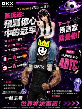 A dark promotional graphic for an OKX sports betting event with anime/manga style artwork, showing '4BTC' prize, a Spain vs. France vs. England match prediction, and Chinese text promoting the World Cup final.