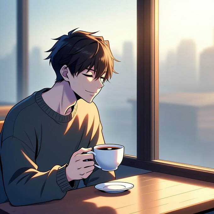 ikebana artist, a young man with dark hair and glasses, sits at a wooden table, holding a white coffee cup against a city skyline backdrop.