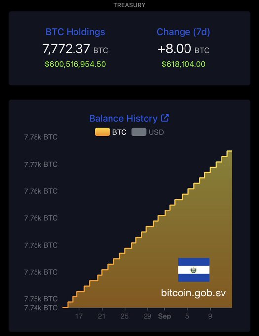A digital dashboard titled 'TREASURY' displays 'BTC Holdings' at 7,772.37 BTC ($600,516,954.50) with a +8.00 BTC weekly change, featuring a rising line graph and the flag and URL 'bitcoin.gob.sv'.