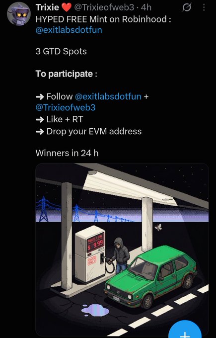 A tweet from Trixie (@Trixieofweb3) advertises a hyped free mint on Robinhood for @exilabsdotfun with 3 GTD spots, asking users to follow both accounts, like/RT, and drop their EVM address, accompanied by an illustration of a hooded figure at a gas station pumping fuel into a green car under a bridge at night. The accompanying post criticizes this as a fake collaboration tactic used to gain attention, suggesting the giveaway lacks genuine partnership legitimacy.