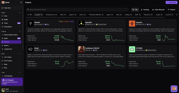 Screenshot of the Bankr Projects dashboard showing AI agents including OffDuty (@0xLoki), AgentOS (@darkstreet_), Capacitr, Singl, TechMomo (TACHI), and HYPURR with token revenue and volume metrics.