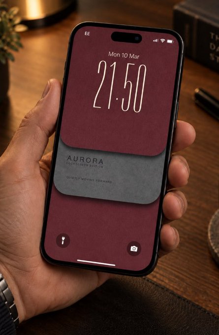 A hand holds a smartphone displaying a minimalist lock screen with a deep maroon background, showing the date "Mon 10 Mar" and time "21:50", with a stylized card reading "AURORA" partially visible on the screen.