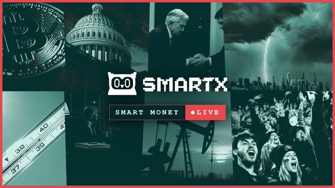 A graphic for 'SMARTX' featuring the text 'SMART MONEY ●LIVE' against a collage background showing a Bitcoin coin, the U.S. Capitol building, a courtroom scene, a thermometer, and a concert crowd.