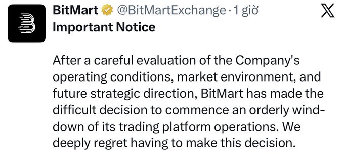 A Twitter/X post from BitMart (@BitMartExchange) titled 'Important Notice' announcing the orderly wind-down of its trading platform operations.