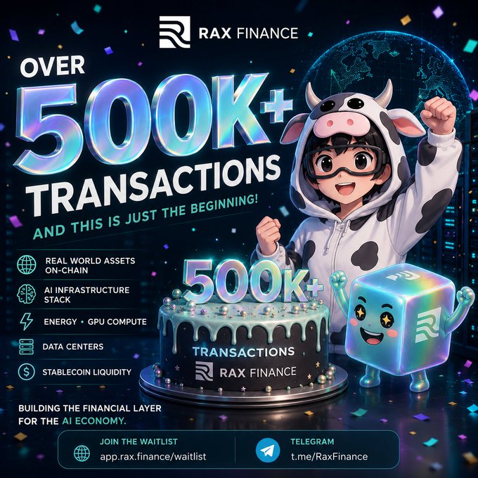 The image features a large cake with a person dressed as a cow standing next to it. The text above the cake reads "Over 500,000 Transactions. A Major Milestone for RAX Finance!". This indicates that there has been a significant milestone in terms of transactions achieved by RAX Finance. The post also mentions that this achievement is related to the RaxFinance community and emphasizes the growing adoption of their platform.