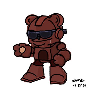 A cartoon drawing of a brown bear character wearing sunglasses and headphones, with the signature 'Marcello by SF 26' visible in the bottom right corner.