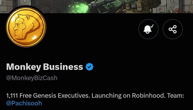 A verified Twitter/X profile for "Monkey Business" (@MonkeyBizCash) featuring a golden monkey coin logo, with the bio mentioning "1,111 Free Genesis Executives. Launching on Robinhood. Team: @Pachisooh." The image relates to the post about allocating GTD spots to Matrix, likely promoting an NFT or crypto giveaway project requiring registration on Robinhood.