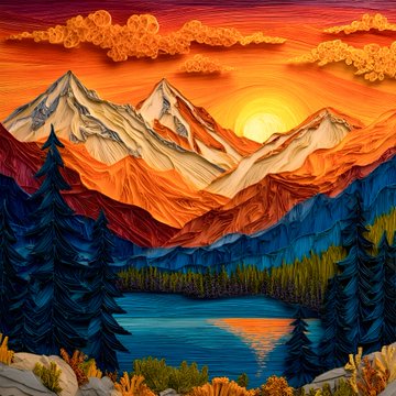 A vibrant, stylized painting of a mountain landscape featuring snow-capped peaks under an orange sunset sky, with a turquoise lake and dark evergreen trees in the foreground.