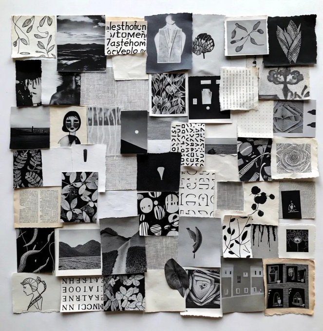 A collage of small black, white, and grayscale images and printed text clippings arranged in a grid on a wall.