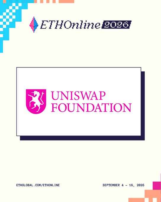 Promotional graphic for ETHOnline 2026 (September 4-16, 2026) featuring the Uniswap Foundation logo with its pink unicorn crest on a pixel-art styled background.