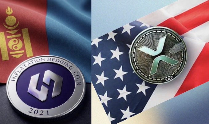 Split image showing an 'Inflation Hedging Coin' token with a 2021 date against the Mongolian flag on the left, and an XRP coin against the American flag on the right.
