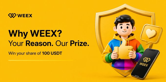 A bright yellow promotional banner for WEEX features the headline "Why WEEX? Your Reason. Our Prize." and "Win your share of 100 USDT," alongside a 3D cartoon mascot holding a thumbs-up behind a golden shield and a smartphone displaying the WEEX logo—visually reinforcing the campaign's invitation for traders to share their reasons for choosing WEEX in exchange for USDT rewards.