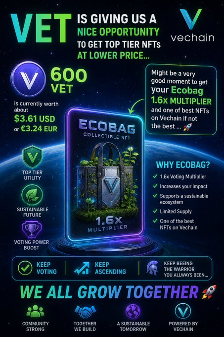 The image features a poster for Ecobag that has been designed by Vervechain. The poster includes an image of a green plant, which is the main focus of the design. The poster also contains text promoting Ecobags and their benefits, as well as details about how to purchase them on VeChain. The post encourages people to join the community and work together for better rewards using Ecobags.