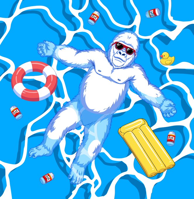 iced tea and a red life preserver float on a blue pool, with a white gorilla wearing sunglasses lounging nearby.