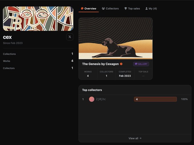 A NFT profile page for artist 'cex' (Since Feb 2023) showing collections, with a featured collection called 'The Genesis by Ceagon' containing 4 works and 1 collector.
