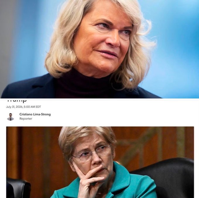 A news article screenshot dated July 31, 2026, by reporter Cristiano Lima-Strong, featuring a headline beginning with 'Trump' above photos of two women: a blonde woman in a dark turtleneck, and a woman with short hair and glasses resting her chin on her hand.
