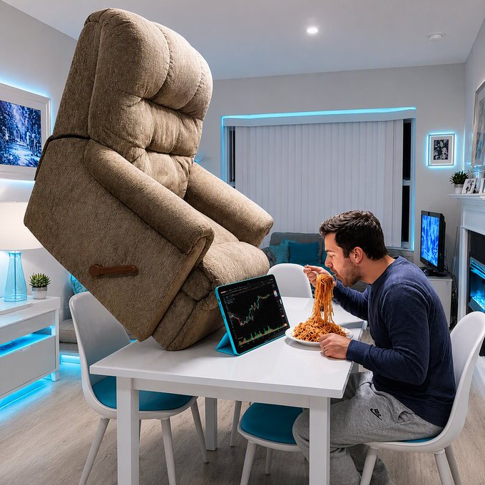 A man calmly eats spaghetti while a giant recliner looms over him at a dining table set up with a tablet displaying stock charts, humorously visualizing how chaotic a trader's life becomes when they lose focus on the markets. The juxtaposition of the oversized chair intruding on his meal captures the "only pro traders can handle it" sentiment, suggesting the overwhelming distractions that come with serious trading.