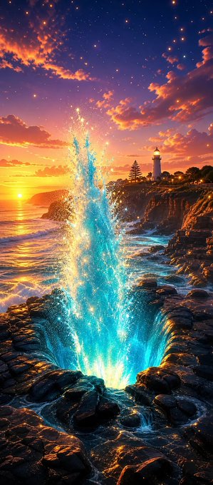 A vibrant fantasy landscape showing a glowing blue water spout erupting from a rocky coastal shore at sunset, with a lighthouse visible in the distance.