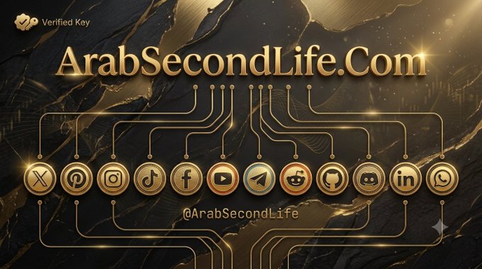 A golden graphic for 'ArabSecondLife.Com' displays a 'Verified Key' badge and a row of social media icons under the handle '@ArabSecondLife'.