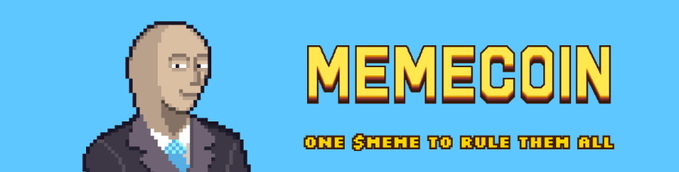 A bald pixel-art character in a suit stands beside bold yellow text reading "MEMECOIN" with the tagline "ONE $MEME TO RULE THEM ALL" against a blue background. The image humorously captures the memecoin hype referenced in the post, where despite Robinhood Chain attracting nearly 400,000 eager participants, only a tiny fraction—around 230 people—have actually profited while most remain in the red.