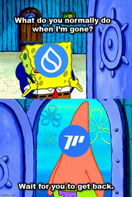 The image shows a cartoon depiction of Spongebob Squarepants holding up a blue sign with the number "7" on it, which appears to be a reference to the character's name or an event related to him. The text above the image reads, "What do you normally do when I'm gone?" and below the image is a caption that says, "Wait for you to get back." This suggests that the image might be a humorous commentary on the character's life or situation, with Spongebob Squarepants being referred to as "$SUI" in the context of his name.