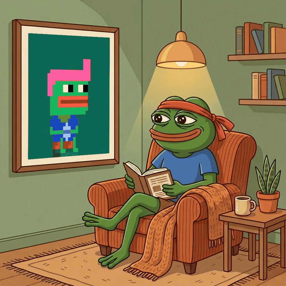 The image features a cartoon frog sitting comfortably in an armchair with its legs crossed while reading a book. The room has green walls and a wooden floor, creating a cozy atmosphere for the frog's leisurely activity. A potted plant can be seen on one side of the room, adding to the homey ambiance. The image also includes text that reads "Gn faaam Sleeeep well and let the HODL do the work". This phrase is likely an inside joke or reference to a popular cartoon character who often says this line.