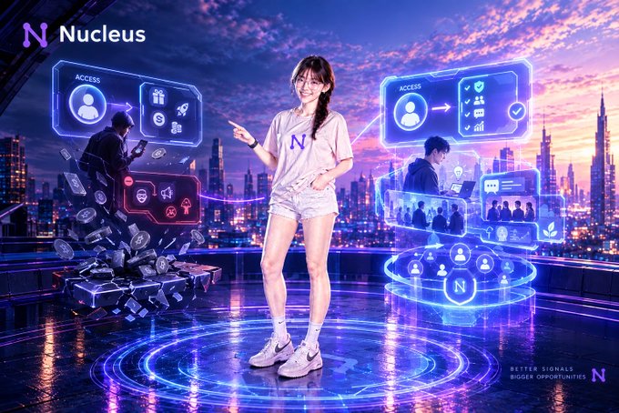 A promotional banner for "Nucleus" features a young woman in the center surrounded by floating blue holographic interfaces, with a futuristic city skyline in the background and the tagline "BETTER SIGNALS, BIGGER OPPORTUNITIES."