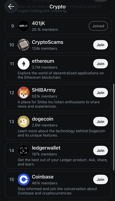 A mobile interface displays a list of crypto-related Telegram groups including '401jk', 'CryptoScams', 'ethereum', 'SHIBArmy', 'dogecoin', 'ledgerwallet', and 'Coinbase' with their member counts.