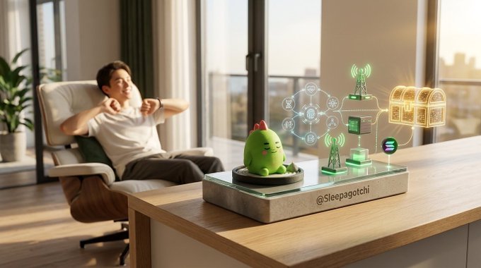 A promotional image for @Sleepagotchi showing a relaxed man sitting in a chair next to a desk with a green Sleepagotchi creature and holographic displays of treasure and cryptocurrency mining.